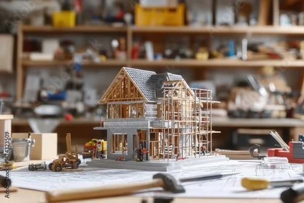 Fototapeta Close Up View of a 3D Miniature Model House Under Construction In A Workshop Environment
