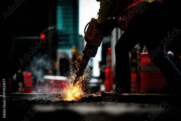 Fototapeta Close-Up View Of Construction Worker Operating Jackhammer During Nighttime In Urban Setting