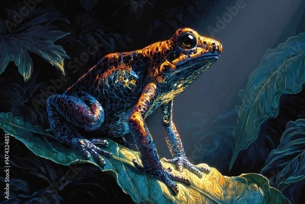 Fototapeta Colorful Amphibian Perched on Giant Leaf in Rainforest