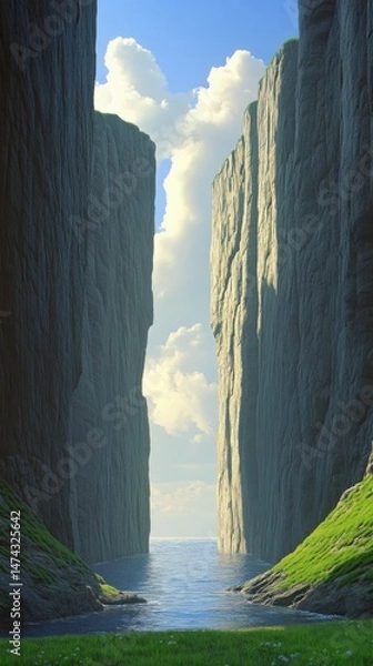 Fototapeta Serene Canyon View with Towering Cliffs and Calm Water Reflecting Sky; Vertical Landscape Perspective
