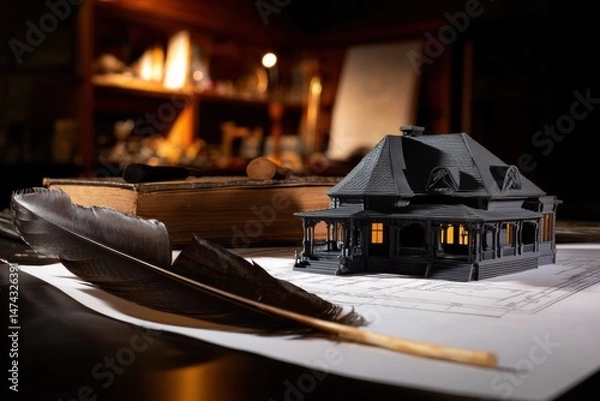 Fototapeta Detailed 3D Mini Model of a Victorian Home with Warm Lighting on a Dark Table