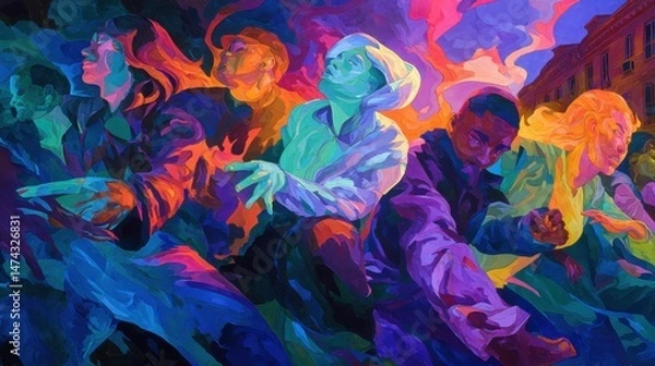 Fototapeta Diverse Group Of Artists Collaborating On A Vibrant Mural Under Bold Colorful Lighting