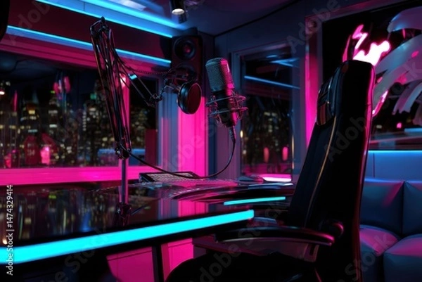 Fototapeta Futuristic Podcast Recording Space with Sleek Metallic Design and Neon Lighting in Urban Setting