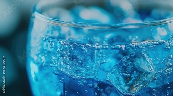 Fototapeta Glass of Transparent Blue Water with Ice Cubes Reflecting Light