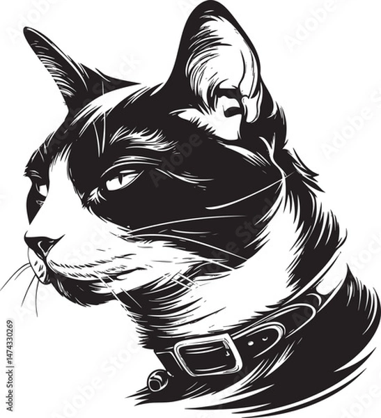 Fototapeta Cat head with collar in sharp black and white side profile illustration