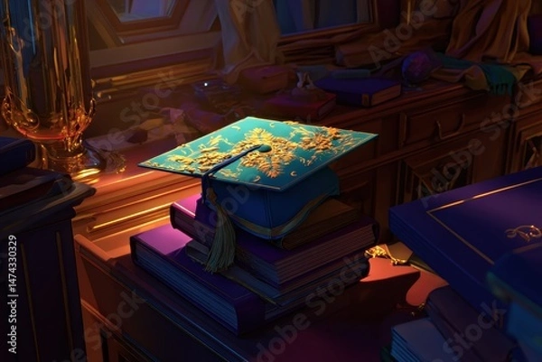 Fototapeta Graduation Cap on Books in a Warm Study