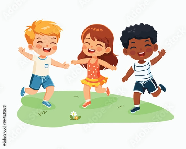 Fototapeta Smiling international kids playing and running. Cartoon character in flat design style isolated on white background. Poster, Banner, Flyer, Summer time. Vector illustration