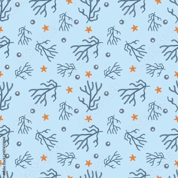 Obraz Underwater botanical seamless pattern with marine plants in vintage sketch style. Ideal for fabric, wrapping paper, and coastal decor