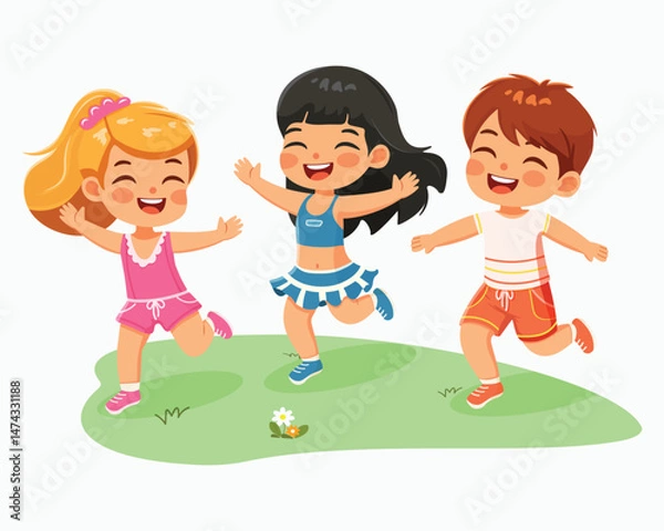Fototapeta Smiling international kids playing and running. Cartoon character in flat design style isolated on white background. Poster, Banner, Flyer, Summer time. Vector illustration