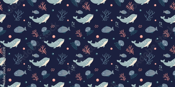 Obraz Whale and sea life seamless vector pattern, featuring ocean elements and marine animals. Ideal for baby clothes and playful fabric prints. Vector illustration