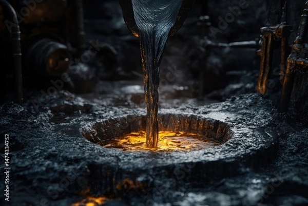 Fototapeta Molten Metal Pouring Into A Mold In A Dark Foundry