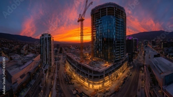 Fototapeta Panoramic View Of A Construction Site At Sunset In An Urban Setting