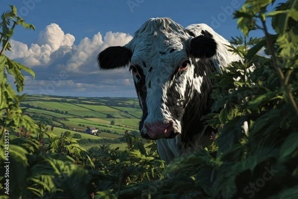 Fototapeta Photorealistic View of a Cow in a Lush Green Landscape Under Blue Skies