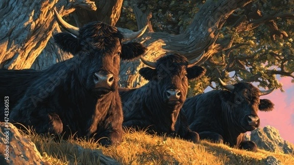 Fototapeta Realistic Scene Of Three Cattle Resting Under A Tree At Sunset