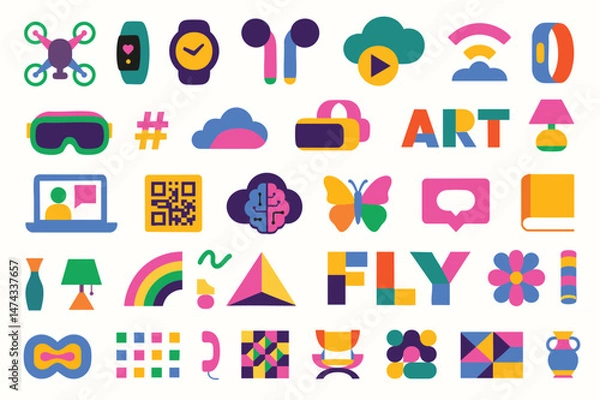 Fototapeta Drones, VR headsets, wearables and rainbow clouds—friendly tech icons for apps, infographics and startups.