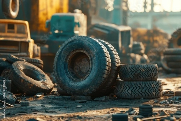 Fototapeta Stacked Truck Tires In An Industrial Setting With Natural Light And Rusty Background