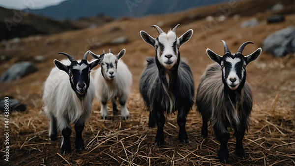 Obraz Four adorable goats standing in a field looking directly at the camera with interest
