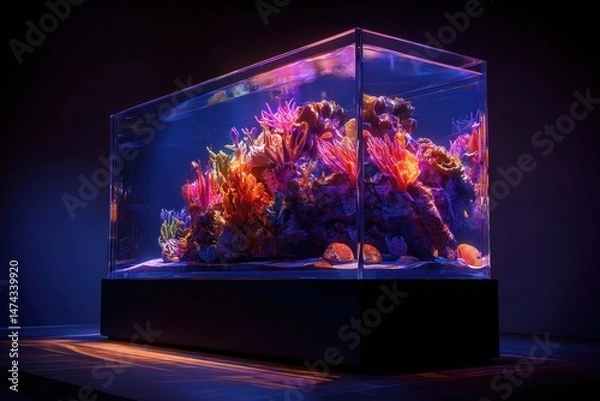 Fototapeta Vibrant Coral Reef Aquarium Tank Teeming With Colorful Marine Life In A Dimly Lit Environment
