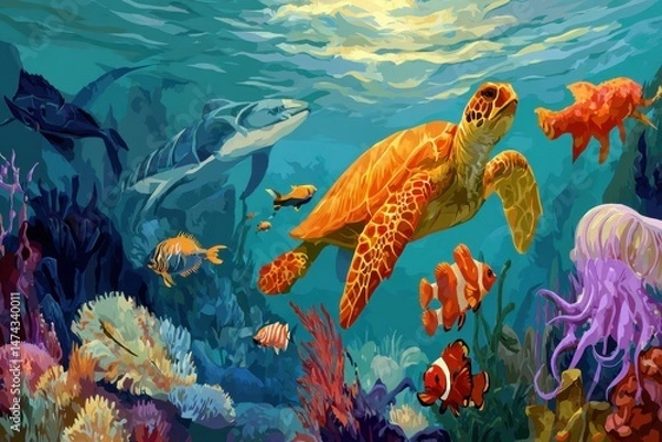 Fototapeta Vibrant Coral Reef Teeming With Life Featuring Colorful Fish And A Majestic Sea Turtle