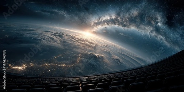Fototapeta View of Earth from space with dramatic lighting and a vast galaxy in the background at twilight