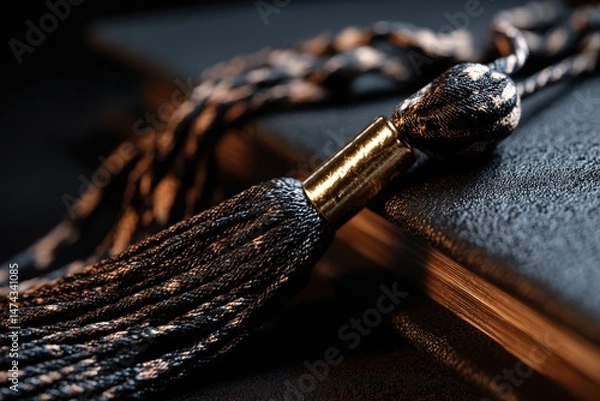 Fototapeta Worn Leather-Bound Book With Graduation Cap Tassel On A Dark Surface