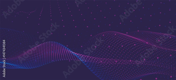Obraz Abstract background with dynamic colorful wave. Futuristic dotted wave of bright particles. Dark background. Colorful background for presentation design. Wide format vector illustration. Interweaving 