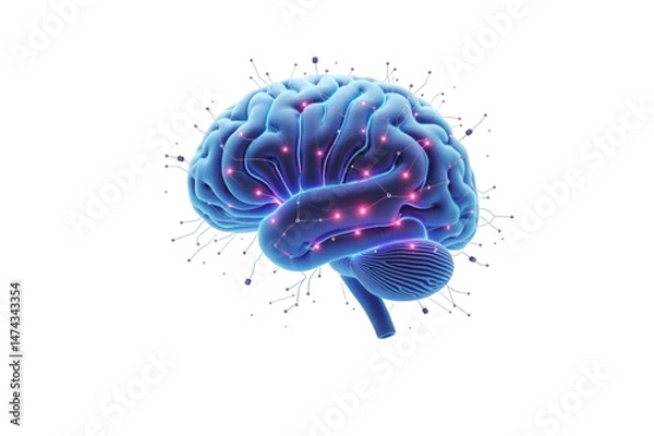 Obraz 3D Human Brain Illustration with Neural Network Connections – Artificial Intelligence Concept ISOLATED ON WHITE PNG IMAGE