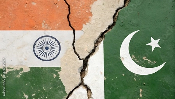 Fototapeta Old wall showing India and Pakistan flags split by a crack symbolizing division and historical conflict.