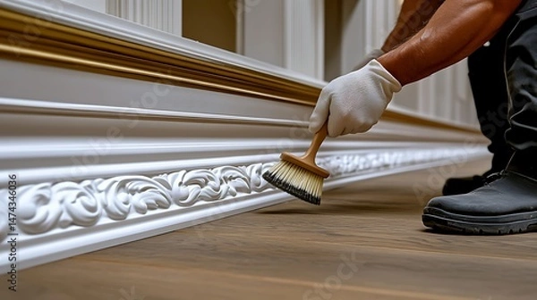 Fototapeta Close up of final dusting along baseboards and corners, soft brush in hand, floor already vacuumed, pleasing symmetry