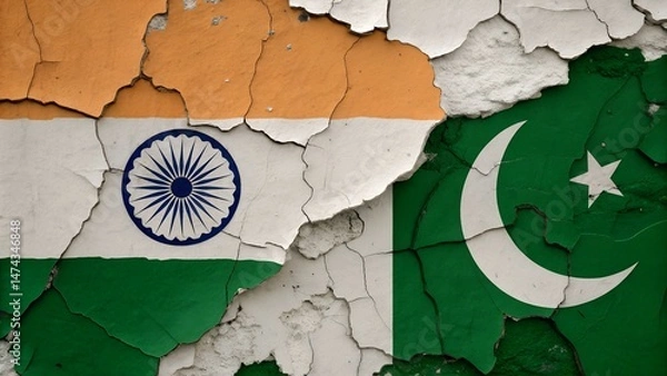 Fototapeta Peeling paint on wall revealing Indian and Pakistani flags indicating hidden tension and layered history.