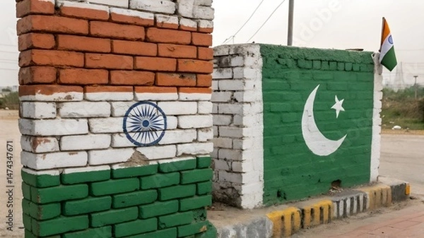 Obraz Split brick wall painted with Indian and Pakistani flags showing division, patriotism, and unresolved conflict.