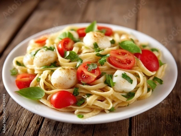Obraz Freshly prepared pasta dish with cherry tomatoes and mozzarella served on rustic wooden table showcasing culinary artistry and healthy dining appeal captured with clarity