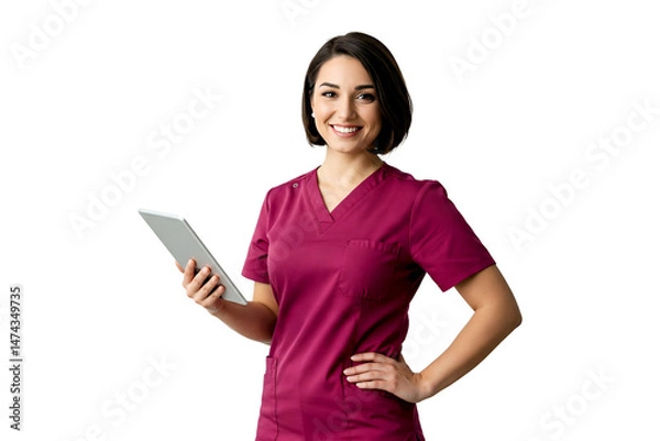 Fototapeta smiling female doctor holdig tablet on white background