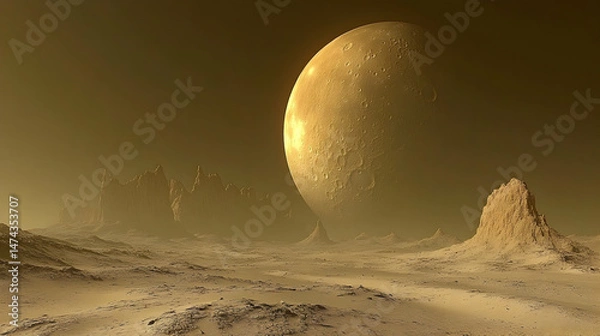 Fototapeta A desolate, sandy landscape under a large, golden-hued celestial body.  Jagged rock formations rise from the hazy, flat terrain