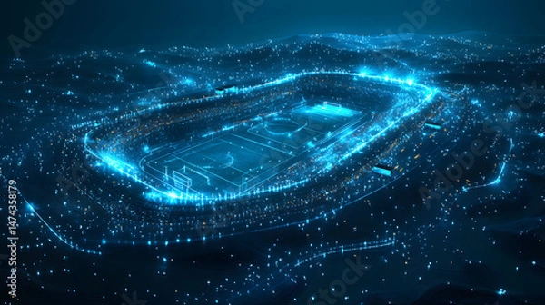 Fototapeta Futuristic neon-blue stadium showcased within a digital city, radiating technological advancement. The interconnected network of nodes hints at a connected future, Abstract wireframe in dark blue.