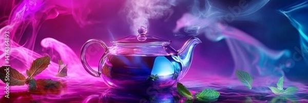 Fototapeta Glass teapot with steam and plants against a colorful background.