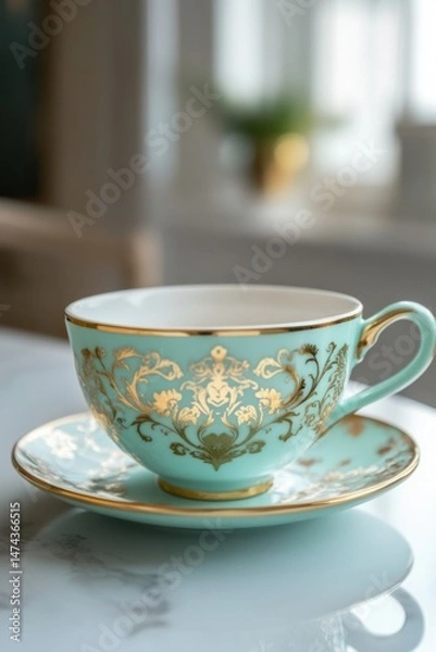 Fototapeta Elegant Teacup Still Life Close Up on Marble Surface in Natural Light for Afternoon Tea Service