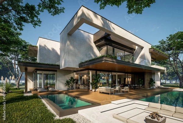 Fototapeta 3d rendering of two-story house with parking and pool for sale or rent with concrete facade and beautiful landscaping on background. Clear sunny summer day with blue sky.