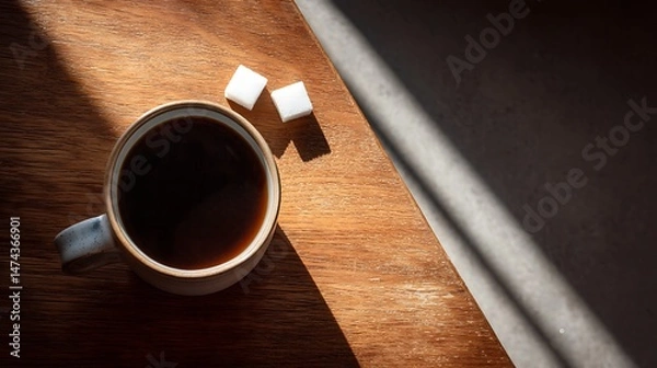 Fototapeta Cup of Coffee with Sugar Cubes on Wooden Table