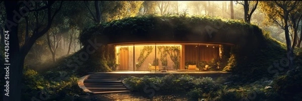 Obraz Building covered in greenery with large windows in a forest setting.