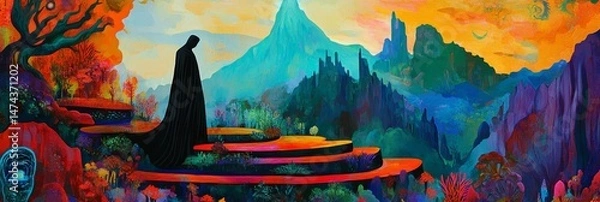Fototapeta Person in dark robe stands before colorful mountain landscape in an artistic style.