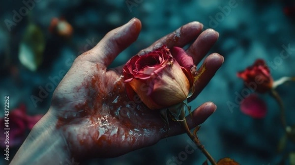 Fototapeta A hand holds a rose with scattered petals dark moody and slightly bloody.