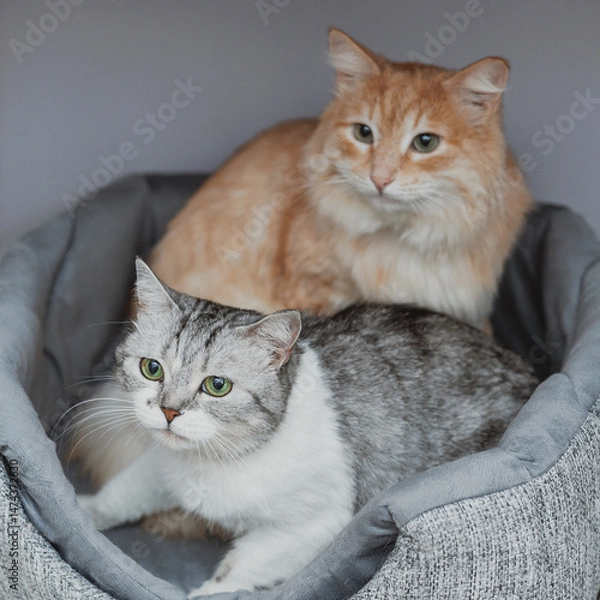 Obraz two cats sitting in a bed at home together. love and affection of pets. friendship of animals of different breeds