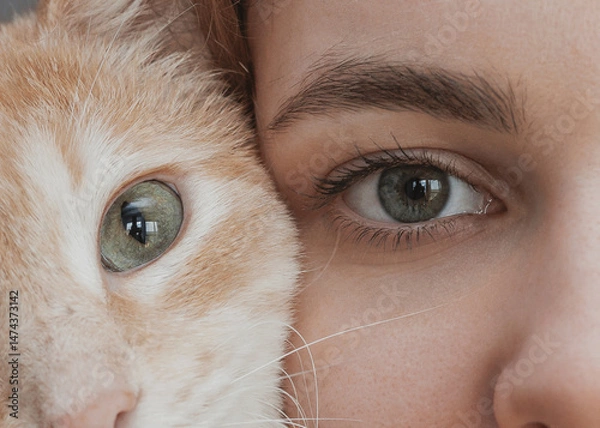 Obraz eyes close up of human and cat. two halves of pet and human face. biology concept