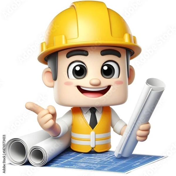 Obraz Professional 3D Construction Mascot with Blueprint Design and Safety Outfit