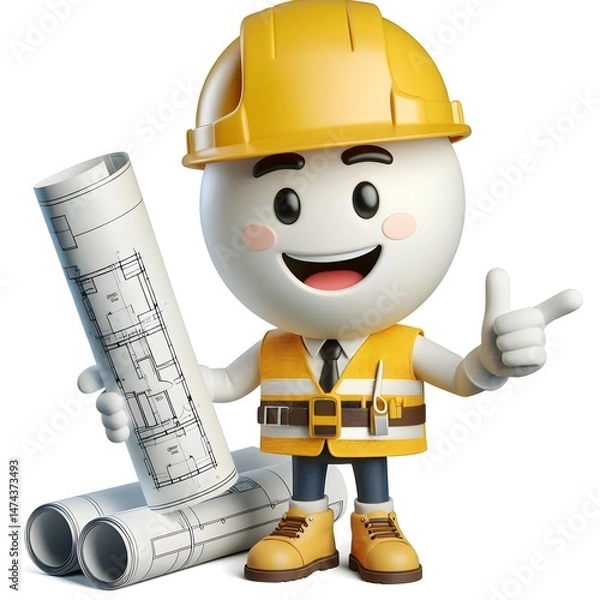 Obraz Cheerful 3D Builder Character with Vest and Helmet Gesturing to Construction Plans