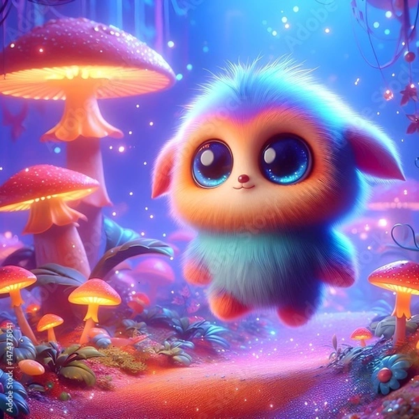 Obraz Magical 3D Creature in Enchanted Forest – Soft Fur, Bright Colors, and Mystical Glow