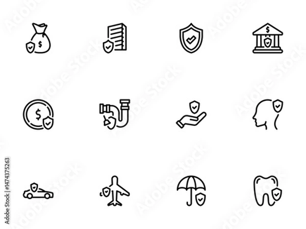 Fototapeta Line art icons representing security and insurance concepts for different assets and situations