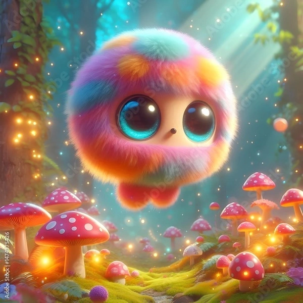 Obraz Adorable 3D Fantasy Character with Big Eyes and Fur in a Luminous Woodland Setting