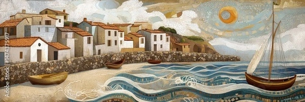 Fototapeta Coastal village scene with boats buildings and ocean under a cloudy sky.